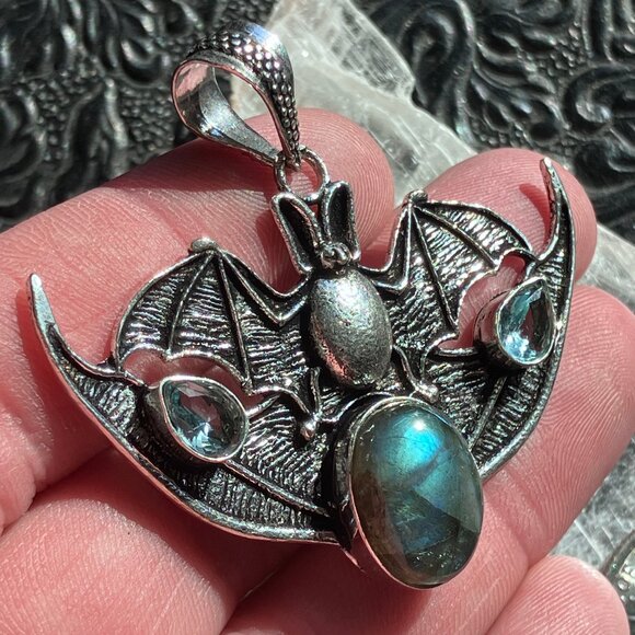 Halloween Flying Vampire Bat Labradorite and Blue Topaz Gemstone Crystal Jewelry - Picture 3 of 7